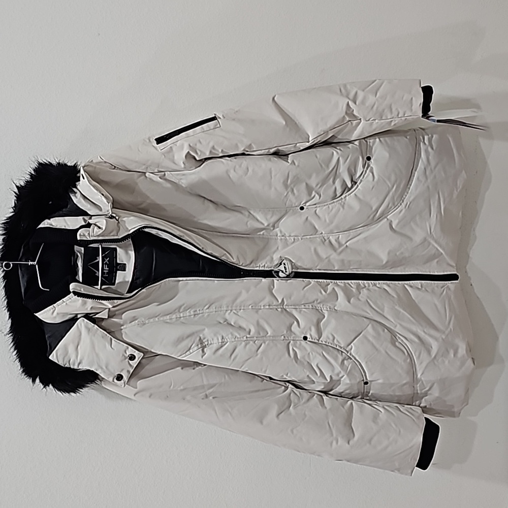 HFX Women's Puffer Jacket Zipper Up Hooded with Faux Fur Trim Size XL